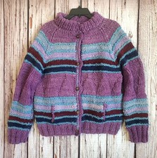 Handknit 90s VTG Wool Chunky Women Cardigan Sweater Wood Pocket Striped Purple L
