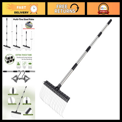 Adjustable Thatch Rake 63'' Handle | 16'' Steel Tines for Gardening & De-Thatching