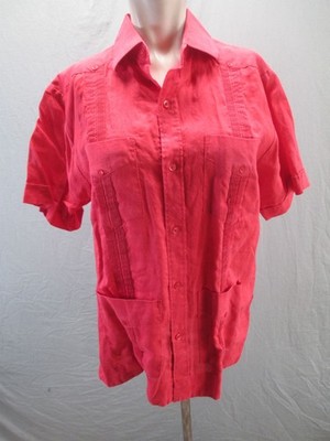 Mojito Size M Women Red 100% Linen Short Sleeve Comfy Beauty Button Up Shirt 525