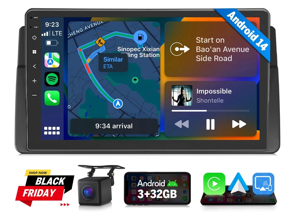 9" Android Auto 14 Autoradio GPS CarPlay BMW 3er E46 M3 Navi Navigation Wlan RDS