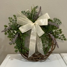 Handmade 11  Grapevine Wreath Form Lavender White Floral Greenery Cream Bow