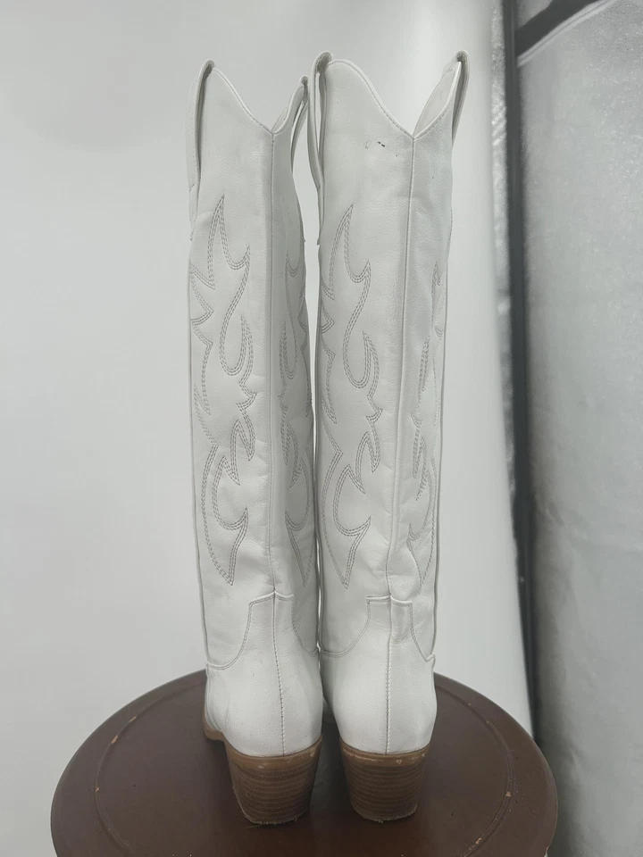 Cowboy Western Boots Womens Size 5 White Tall Knee High Embroidered Stacked Heel - Image 4 of 4