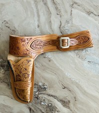 Vintage Hand Tooled Leather Embossed Floral Western Gun Belt Holster 31 -32