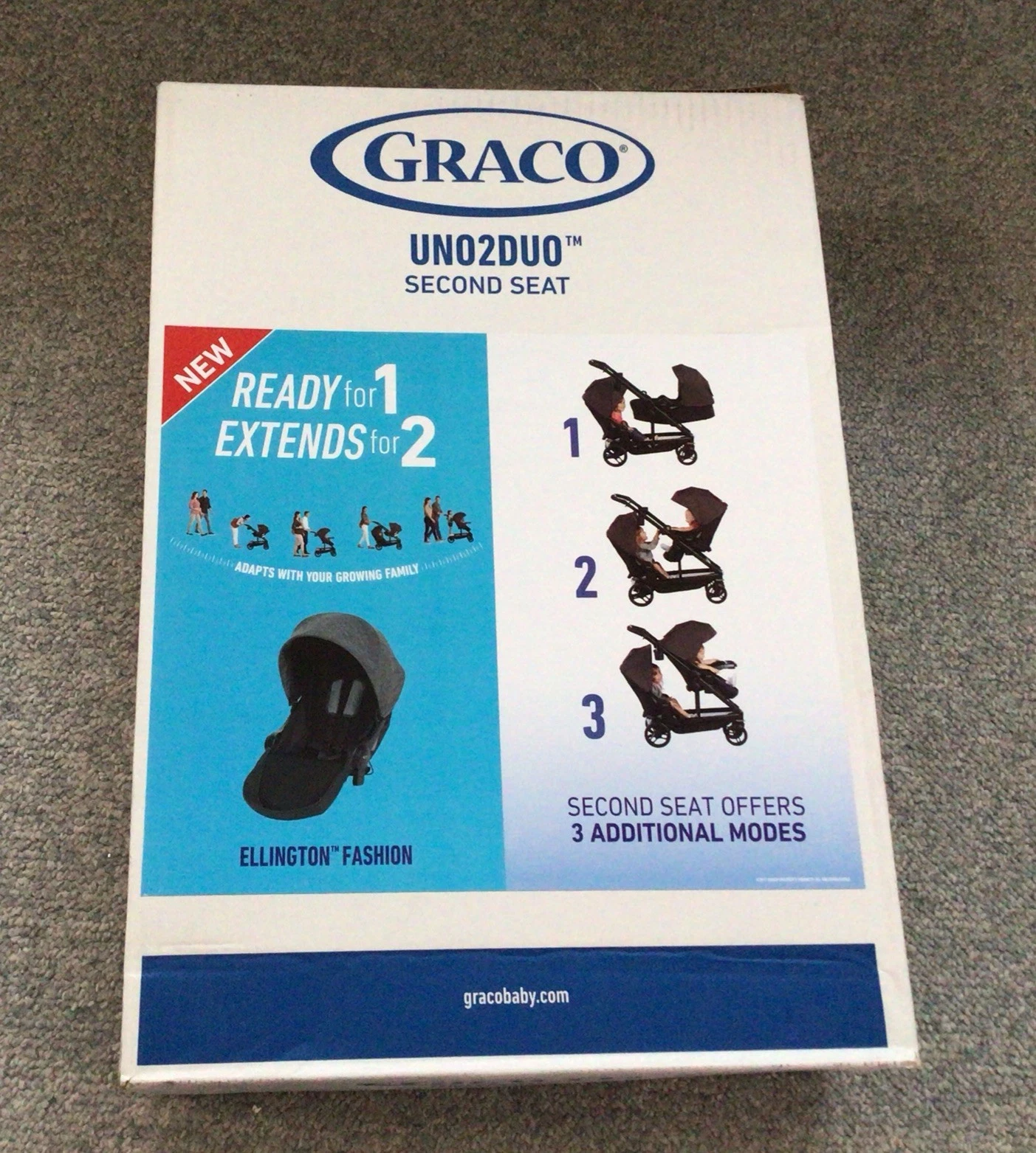 Graco Uno2Duo Stroller Second Seat, Ellington Fashion Gray - New Unopened