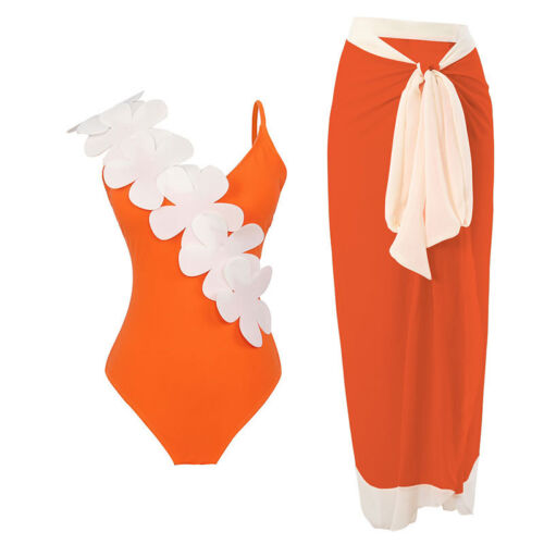 Women's One Piece Swimsuit with Beach Cover Up Skirt Flower Strap Bikini Set - Picture 36 of 88