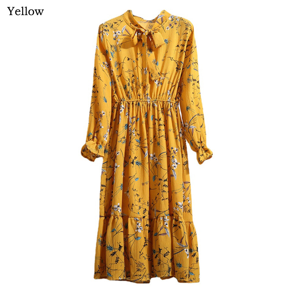 Lady Chiffon Midi Dress Bell Cuffs Long Sleeves Tunic Knot Collared Boho  Summer | eBay