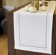 Luxury Faux Linen Soft White Table Runner Cutwork Centrepiece Dining Modern