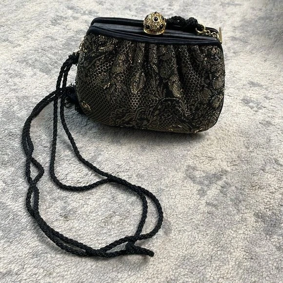 Judith Leiber Floral Lace Rhinestone Clutch Sparkle Evening Bag Black Gold - Image 2 of 4