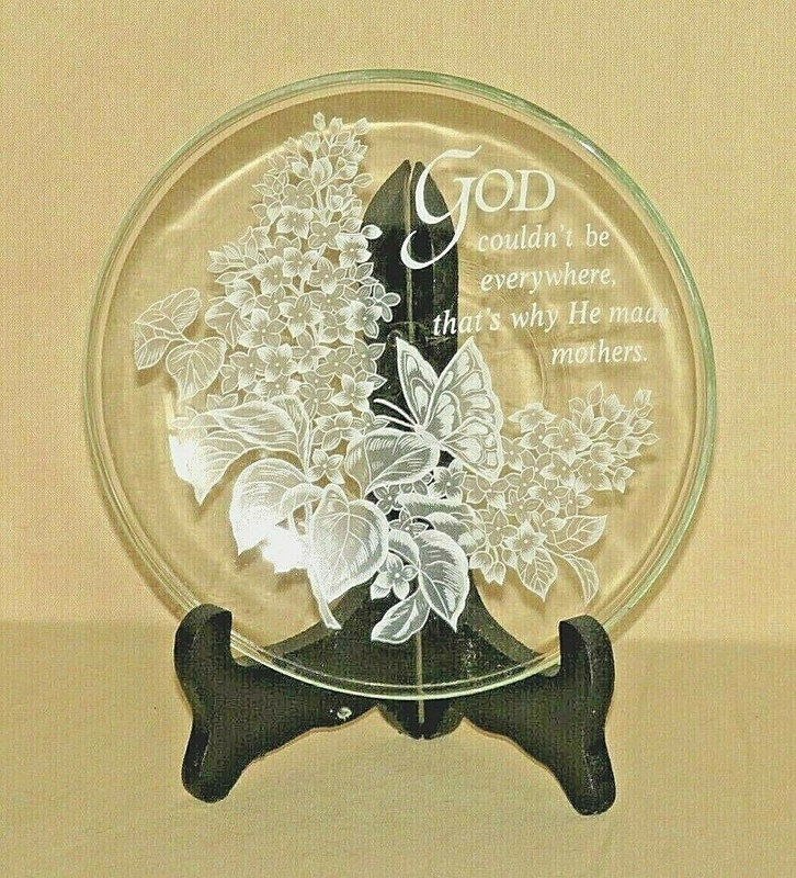 Vintage 6.25" Mother's Glass Plate with Wooden Plate Stand