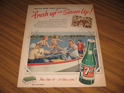 1950 Print Ad Seven-Up Family Fishing in Boat Drink Bottles of 7UP