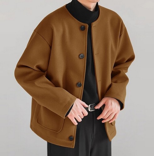 Herrenmode Kunstwolle Jacke leichter Mantel Knopf Freizeit Windbreaker - Bild 6 von 14