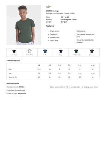 AWDis Ecologie Kids Cascades 100% Organic Cotton T-Shirt Age 1-13 - Picture 2 of 17