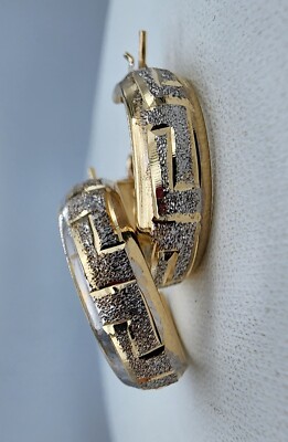 14k .585 Gold HOD Roman Key Two-Tone Diamond Cut 3/4'' Hoop Earrings Au 23171