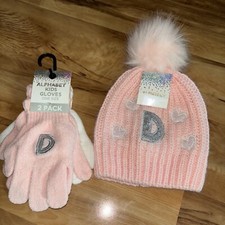 Girls Pink Initial Letter D Hat With Pom Pom 2 Pairs Matching Gloves New