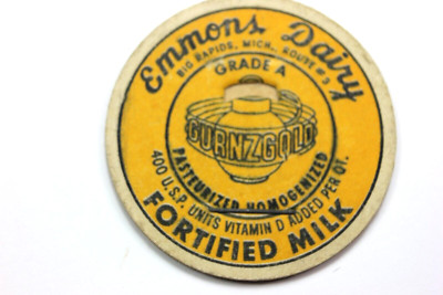 EMMONS DAIRY - BIG RAPIDS, MICH. GURNZGOLD FORTIFIED MILK CARDBOARD BOTTLE CAP