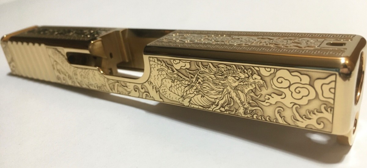 Custom deep laser engraved, 24k gold plated Glock 19 Slide Gen 3