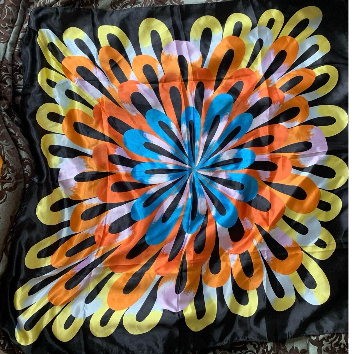 Psychedelic circular pattern satin MOSI scarf mul… - image 3