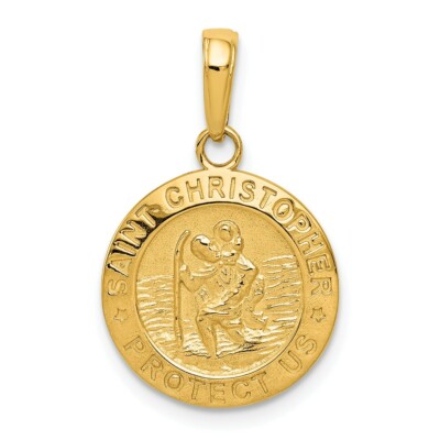 14K Yellow Gold Polished Saint Christopher ''Protect Us'' Religious Medal Charm