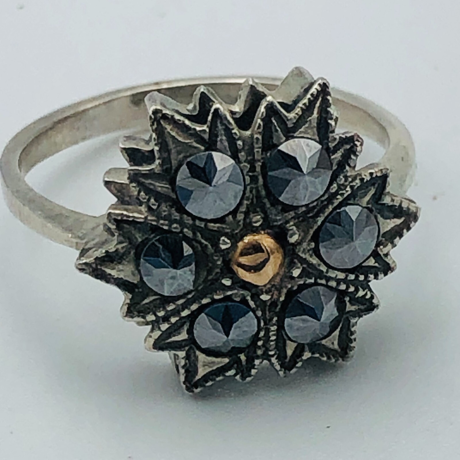 Vintage Marcasite Flower Ring Solid Silver 875 14… - image 1
