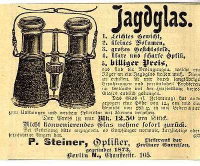 Optiker P. Steiner Berlin JAGDGLAS Historische Reklame von 1901