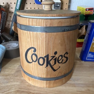 P.A. Wooding & Frost Co-Operting Co. Wood Cookie Jar w/ Ceramic Liner Lid