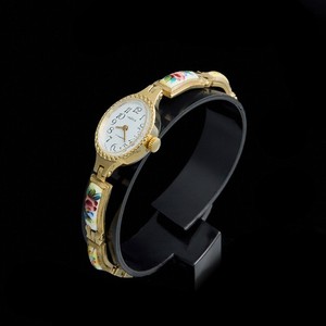 Authentic Vintage Chaika Watch Gold Plated Bracelet Floral Enamel Inserts Hand Painted.