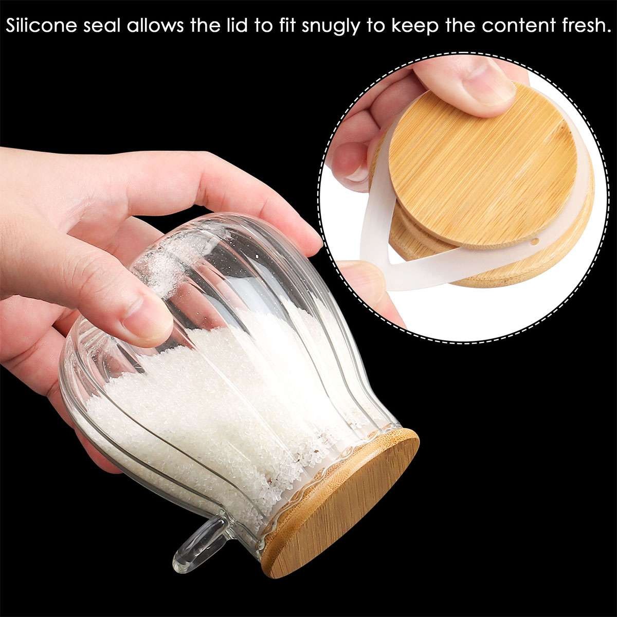 Sugar Container with Bamboo Lid and Spoon,350ml Sugar Bowl Glass Jar for Coffee