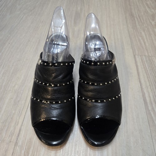 Brighton Teri Pewter Napa & Patent Leather Open Toe Mule Sandal Heels Size 9.5M - Picture 3 of 9