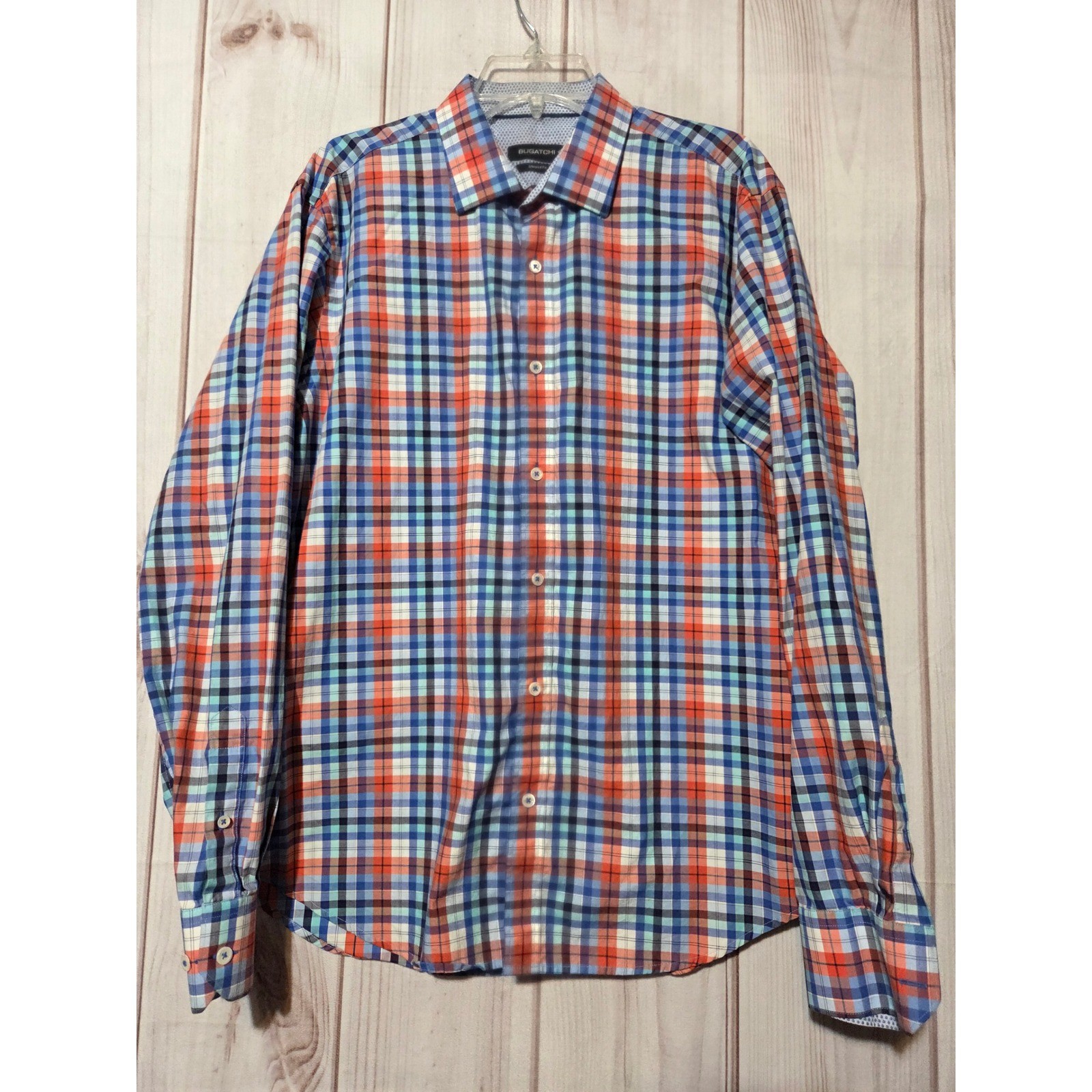 Bugatchi Mens Shaped Fit Long Sleeve Button Down Shirt Plaid Blue Orange Large