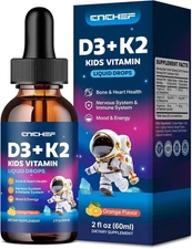 Vitamin D3 K2 Drops for Kids Liquid Supplement w/ Magnesium - Orange Flavor 2oz.