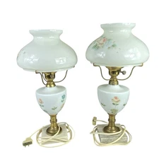 Vintage Hand Painted 14" Tall Small Milk Glass Parlor Lamps Set Of 2 Marble Base