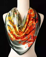 100% Silk 34" Square Scarf Women neckerchief Shawl Wrap floral red yellow HD24
