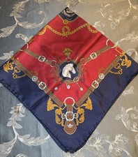 Vintage Equestrian Silk Scarf Red Navy Blue Horse Head Saddle 26 Square