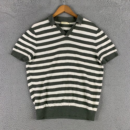 Suitsupply Strick Poloshirt Herren Große L Grün Weiß Gestreift Leinen Baumwolle V-Ausschnitt - Bild 3 von 9