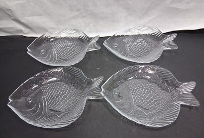 Vintage Pasabahce Glass Fish Dessert Plates Set of 4 Clear Dinnerware Ocean