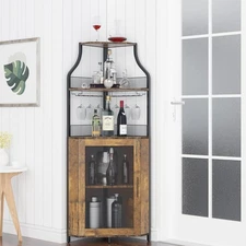 Corner Wine Bar Cabinet, 5-Tier Liquor Storage with Glass Holder&Mesh Door Shelf
