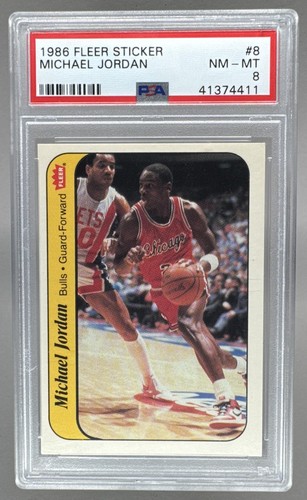 41374411 Michael Jordan 1986 Fleer #8 Stickers Rookie RC HOF GOAT PSA 8