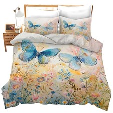 Blue Butterfly Comforter Set Butterflies Floral Print Duvet Cover Bedding Set...