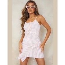 PrettyLittleThing Pink Gingham Tie Wrap Mini Dress – Size 8 – New With Tags