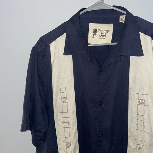Camisa De Seda De Colección Para Hombre XL Negra Crema Abotonada Bordada Estilo Bolos Cubanos - Imagen 3 de 9