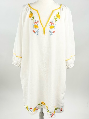 Calypso St Barth Linen Blend Embroidered Floral Tunic Shift Dress M White