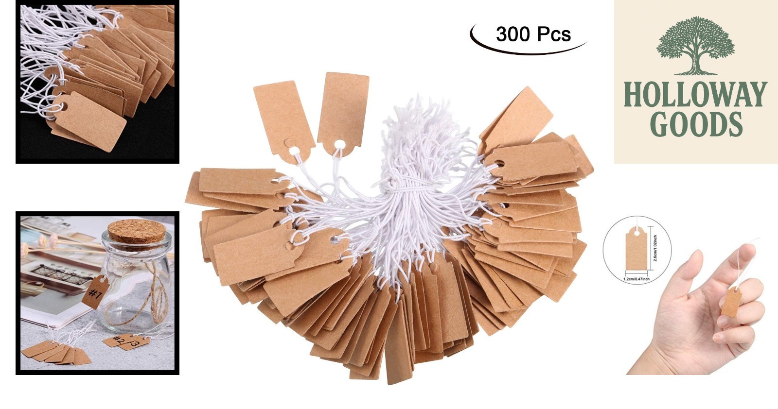 Writable Kraft Tags for Jewelry & Clothing - 300 Labels with Hanging Strings