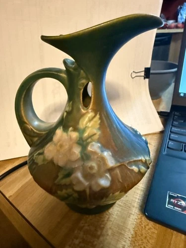 Vintage Roseville USA Pottery White Rose Green Brown Ewer Vase 981-6  Pitcher