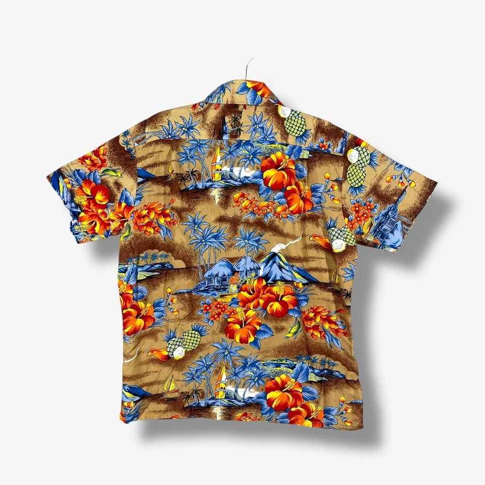 Camisa De Colección Años 70 Hawaiana Vacaciones Aloha Abotonada Para Hombres M Marrón Volcán Retro Foto 4 de 4
