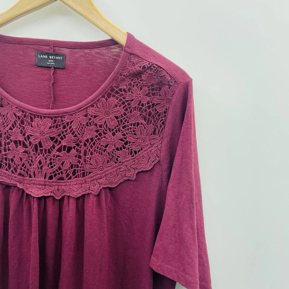 Lane Bryant Womens Plus Size 22/24 Swing Perfect Sleeve Lace Yoke Tee Maroon 395 - Image 4 of 4