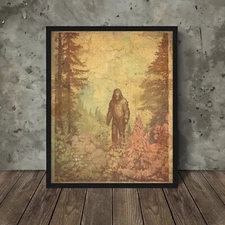 Vintage SASQUATCH Forest BOTANICAL Wall Art, Bigfoot Flower Cryptid Tree Decor