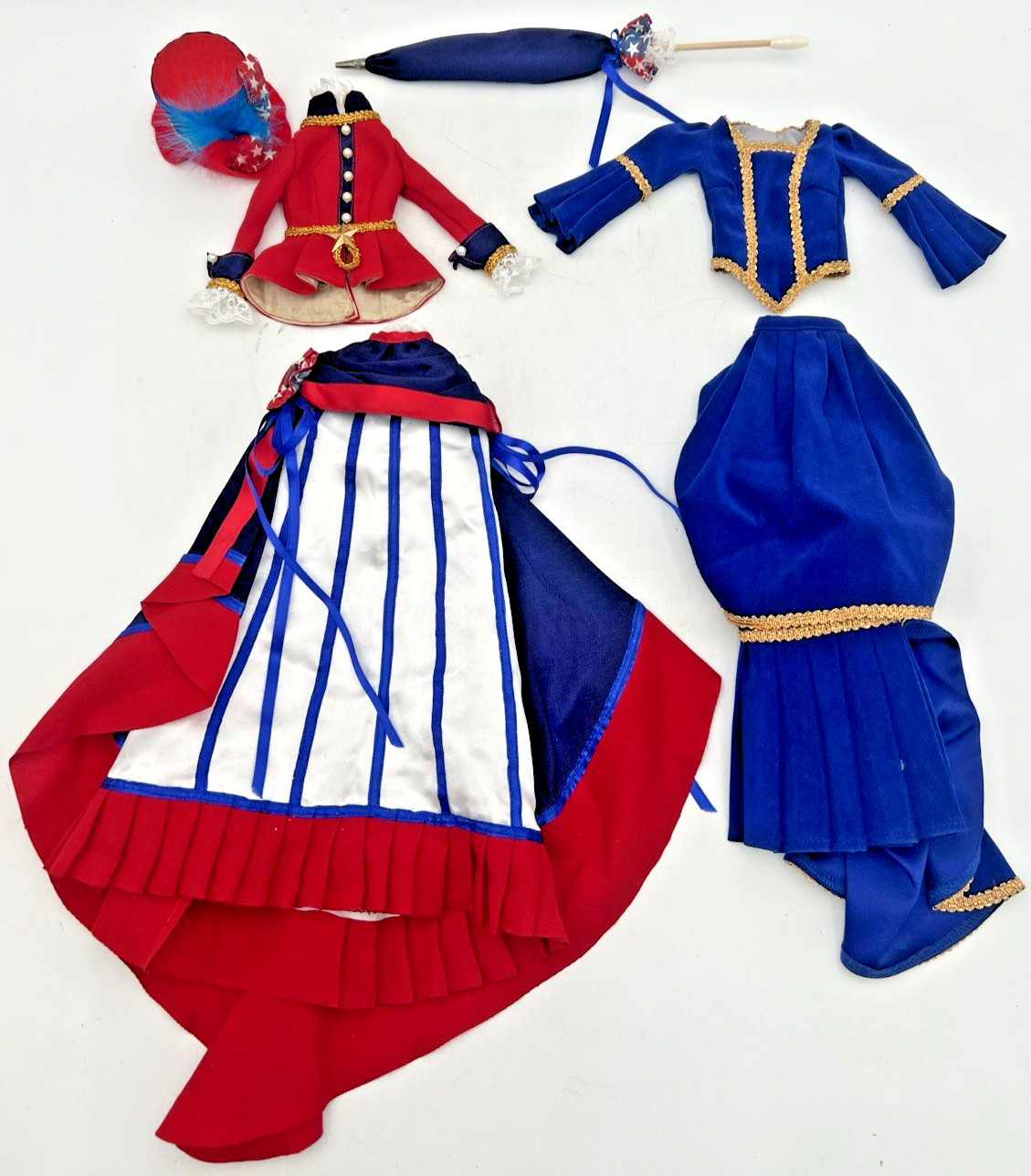 PATRIOTIC 4TH OF JULY DOLL DRESS, HAT, PARASOL & BLUE VELVET