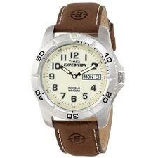 Timex T46681, Men's Expedition Brown Leather Watch, Indiglo, Day/Date, 100 Meter