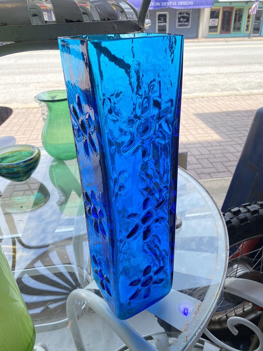 Vintage 1960s Blenko Glass Wayne Husted 6115L Blue Square Daisy