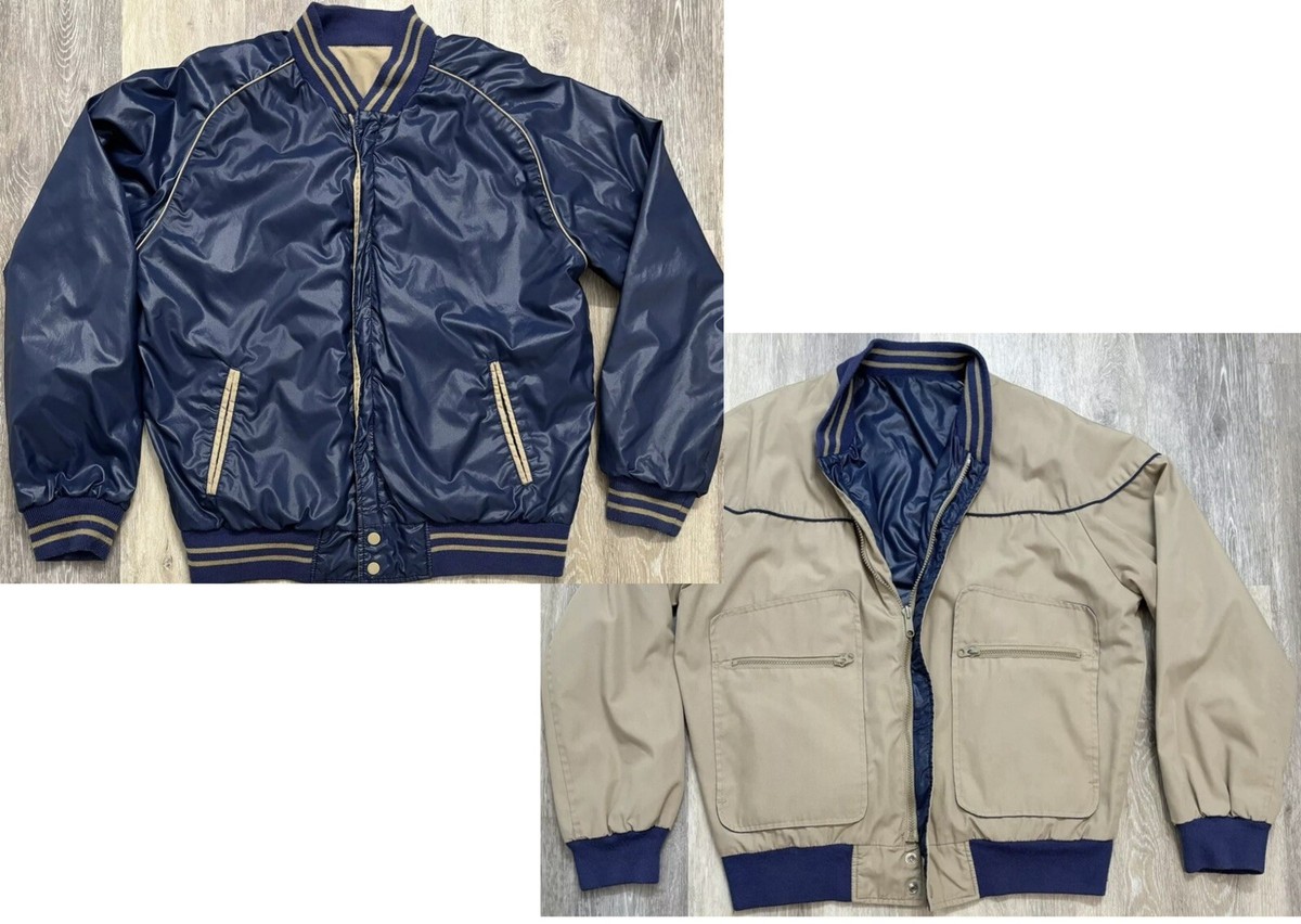 Vintage 90s Men's Reversible Bomber Jacket Navy Blue/Khaki Nylon